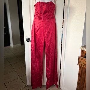Ramy Brook Mira Strapless Red Satin Jumpsuit Sz 8